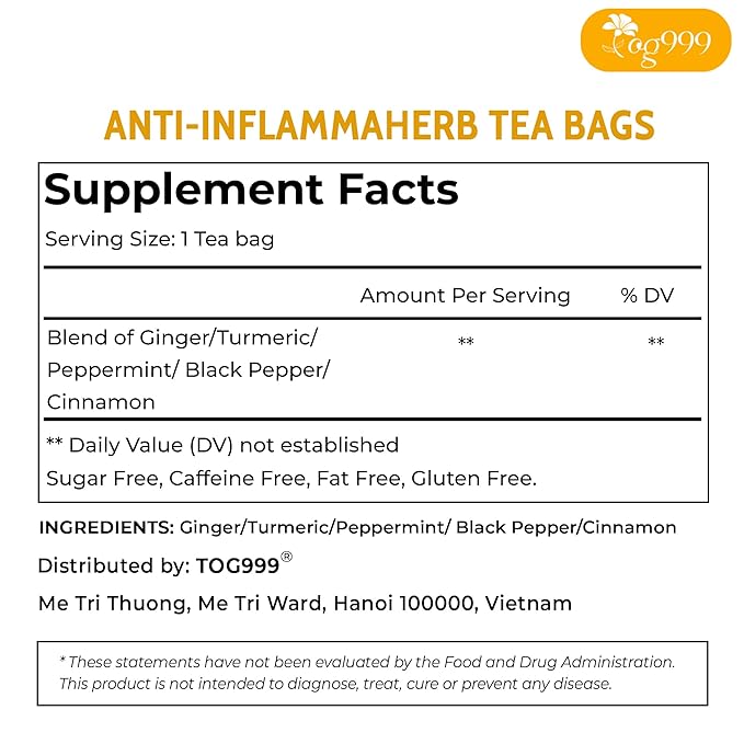 60 Tea Bags - Anti-Inflammaheb Loose Leaf Tea, 100% Natural from Ginger, Turmeric, Peppermint, Black Pepper, Cinnamon. Made with Natural Material Tea Bags. No Sugar, No Caffeine, No Gluten, Vegan. (60 Tea Bags)