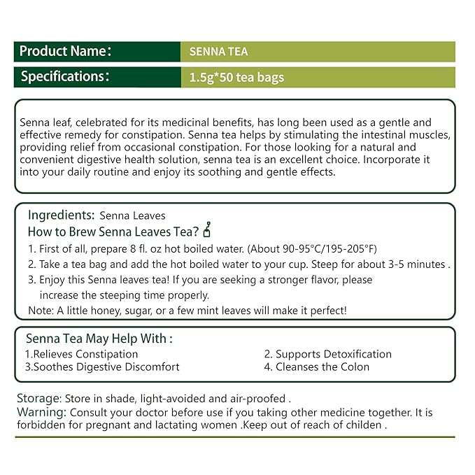 Samcci - Senna Tea, 50 Teabags, 1.5g/bag - Senna Leaf Tea for Constipation -Digestive - Poop for Promoting Digestion - Colon Cleanse -Non-GMO - Caffeine-free