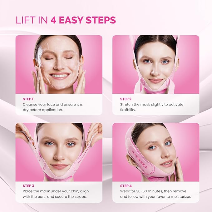 PLANTIFIQUE Chin Strap for Face Contouring - Reusable V Line Ice Silk Fabric Mask - Double Chin Shaping, Adjustable, Breathable Fabric - Jawline Shaper for Women & Men - Pink