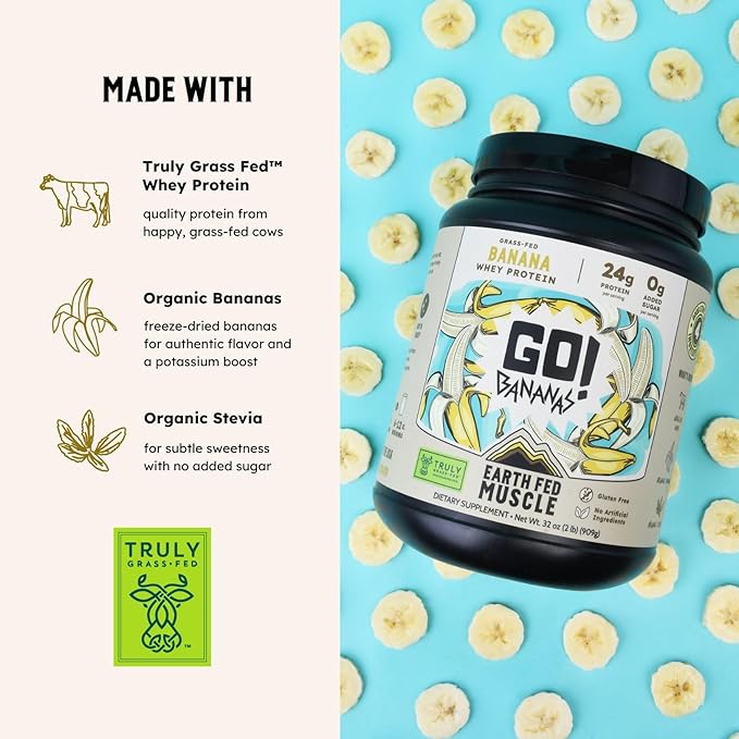 Earth Fed Muscle Go! Bananas Irish Grass‑Fed Whey Protein Isolate – All Natural Banana Flavor, Zero Added Sugar, Soy‑Free, Gluten‑Free (2lb, 27 Servings, Banana)