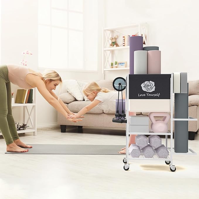 Yoga Mat Storage Rack,Home Gym Storage Rack Gym Workout Equipment Storage Organizer Fitness Weight Rack on Wheels for Yoga Mat,Yoga Block,Foam Roller,Resistance Band,Dumbbell,Kettlebell and Other Workout Accessories