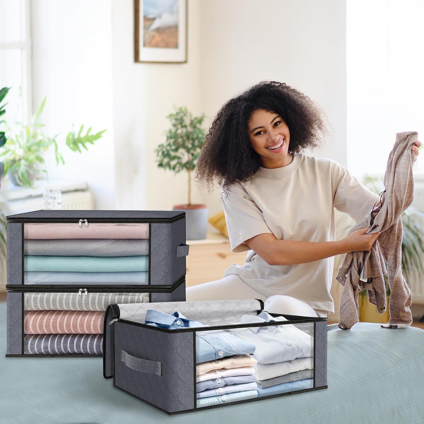 HomeHacks Storage 4-Pack Clothes Organizer Storage Bags Foldable Storage Box with Large Clear Window Sturdy Handles for Closet, Dorm, Pillows, Bedding, Clothes, Stuffed Toys, Blankets, Grey