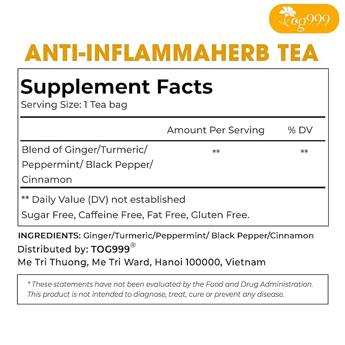 20 Tea Bags - Anti-Inflammaherb Loose Leaf Tea, 100% Natural from Ginger, Turmeric, Peppermint, Black Pepper, Cinnamon. No Sugar, No Caffeine, No Gluten, Vegan