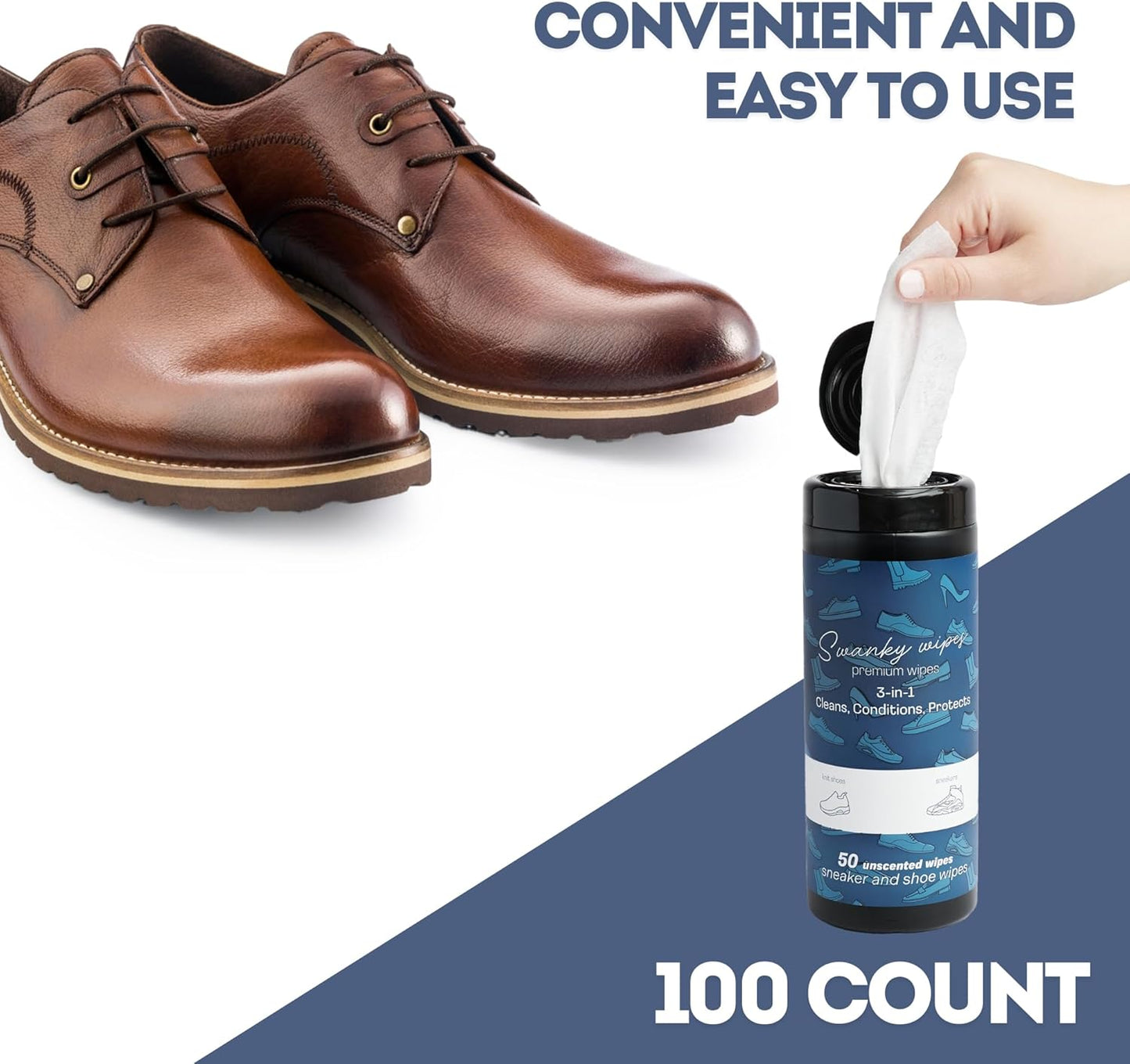 Swanky Shoe Cleaner Wipes - Leather and Sneaker Cleaner, Removes Dirt, Grime and Stains, Quick & Easy Shoe Sole and Boot Cleaning Wipes, Essential Shoe Cleaning Supplies - Canister, 100 Count, White