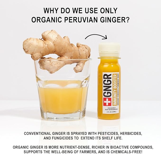 '+GNGR Digestive Aid Organic Ginger Shots with Probiotics, Gut Health, Colon Cleanse, Bloating Relief, Gut Detox, Immunity Shots with Ginger Juice, Turmeric, Black Pepper. (2 Oz, Pack of 12)