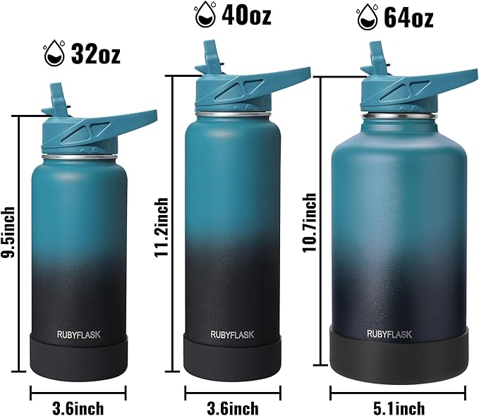 40oz Insulated Water Bottle with Straw, Stainless Steel Metal Vacuum Water Flask, Large Thermal Water bottle with Leakproof 3 Lids for Travel, Camping, Gym Sports Black