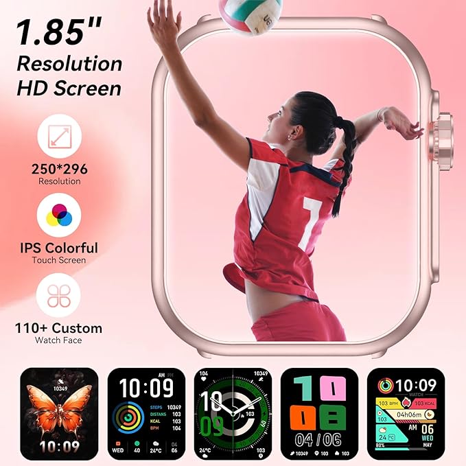 Smart Watch for Men Women, 1000mAh Battery 100-Day Standby Time, 1.85" HD Screen Fitness Tracker, 110+ Sport Modes, IP68 Waterproof, Heart Rate/Sleep Monitor, Fitness Watch for Android/iOS (Pink)