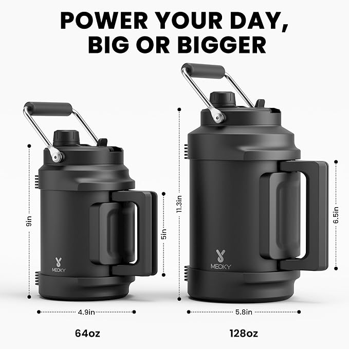 Meoky 1 Gallon Insulated Water Bottle for Sports 128 oz Triple Wall Vacuum Stainless Steel Water Jug - Top and Side Handles, Cold for 48 Hrs, 2-in-1 Straw and Spout Lid, Leak Proof for Hiking (Night)