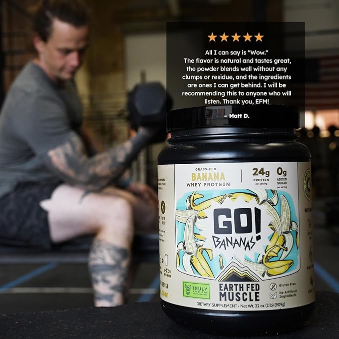 Earth Fed Muscle Go! Bananas Irish Grass‑Fed Whey Protein Isolate – All Natural Banana Flavor, Zero Added Sugar, Soy‑Free, Gluten‑Free (2lb, 27 Servings, Banana)