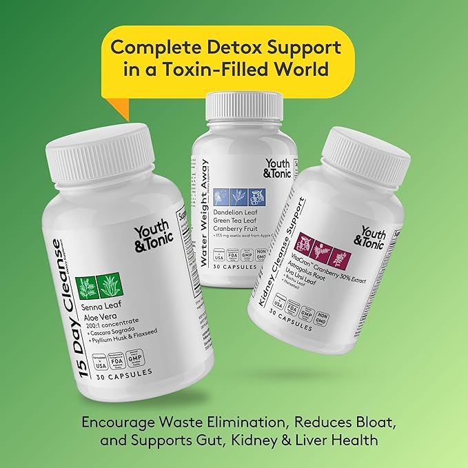 Youth & Tonic Complete Multi-Organ Detox Support – 15 Day Colon Cleanser & Gut Detox, Kidney Cleanse, Water Balance & Liver Health, 90 Pills for Women and Men