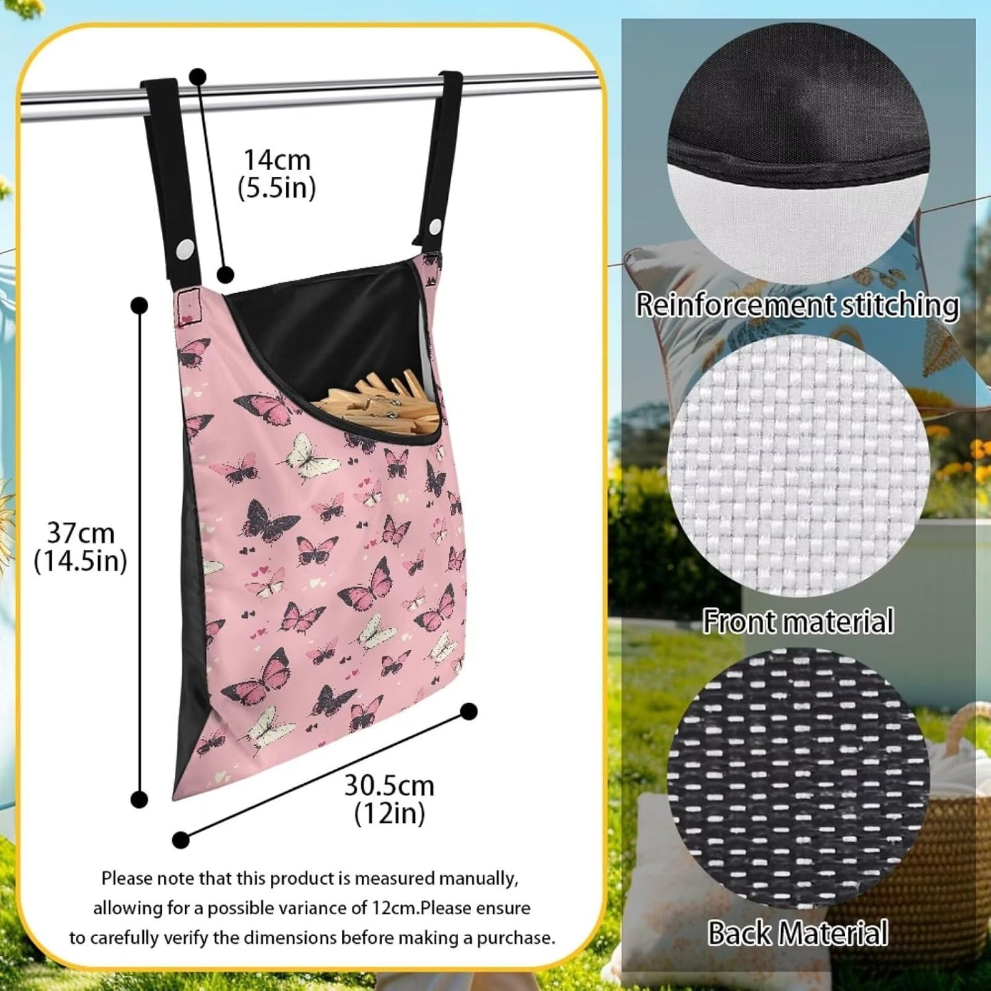 Butterfly Print Clothes Pin Hanging Bag, Stylish Clothespin Bag with Hanging Rope Clothes Pins Bag Holder Outdoor for Clothespin