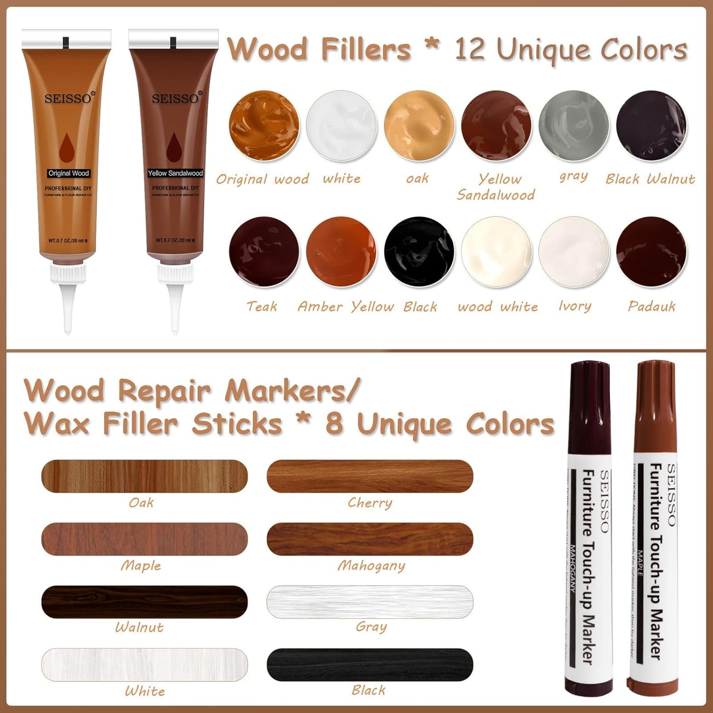 SEISSO Wood Scratch Repair Kit - Set of 36 Wood Filler Putty for Scratches Furniture Markers Touch Up Vinyl Floor Repair Kit - Restore a Finish, Cover Hardwood Scratches, Cracks, Hole, Table, Door