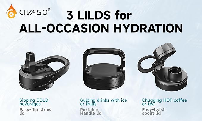 CIVAGO 64 oz Insulated Water Bottle Jug with Straw and Handle, Half Gallon Stainless Steel Water Flask, Large Sports Metal Water Bottle with Straw Lid (3 Lids), Big Thermal Mug Cup, Indigo Black