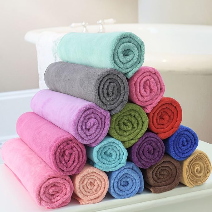 JML Microfiber Towels, Large Bath Towel Set 6 Pack, 27" x 55" - Extra Absorbent, Fast Drying, Multipurpose for Swimming, Fitness, Sport, Yoga, Purple/Grey/Light Blue