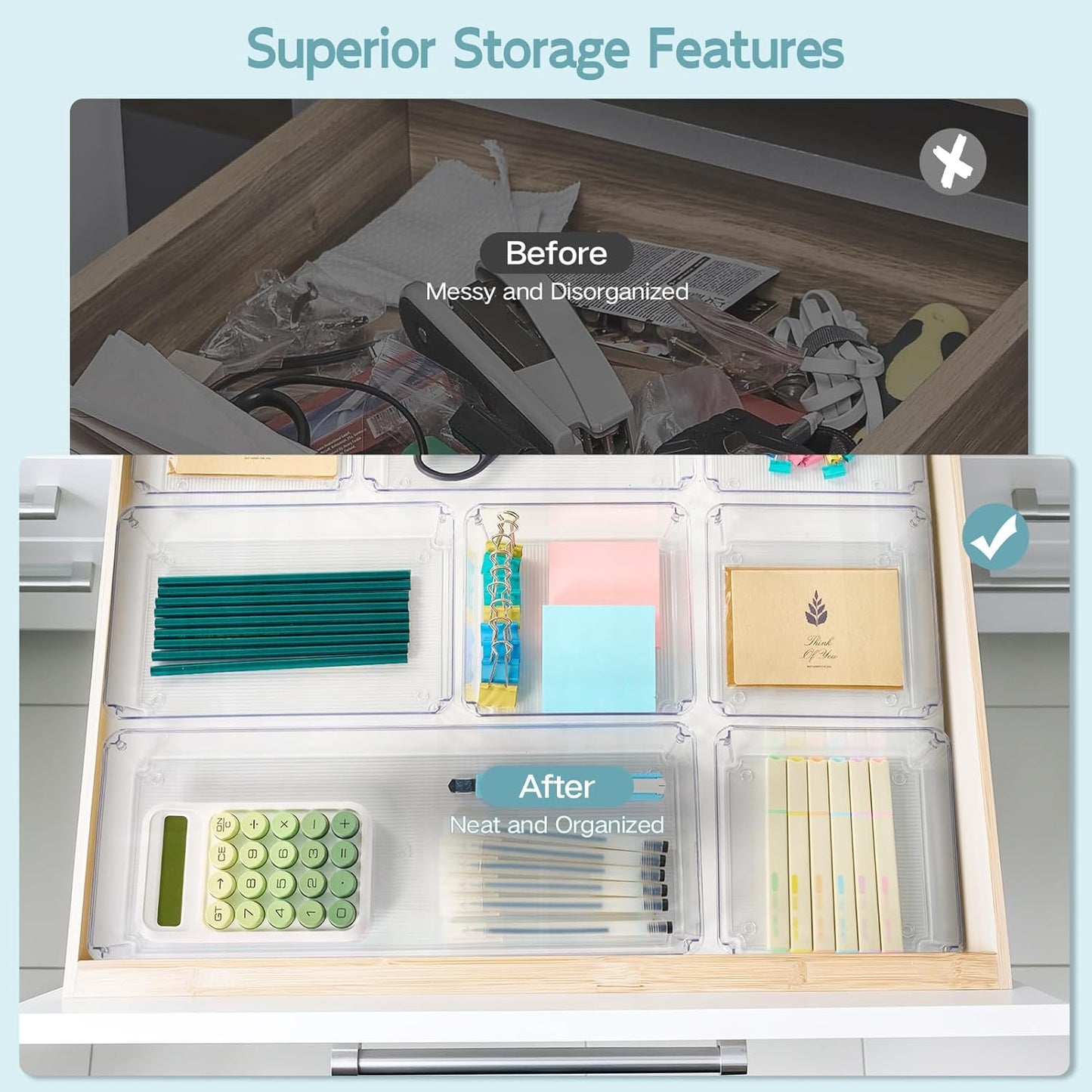 12 Pack Large Clear Plastic Drawer Organizer Trays, Desk Drawer Organizers and Storage Dividers, Non-Slip Storage Bins for Jewelry, Snacks, Office, Bathroom, Bedroom and Kitchen