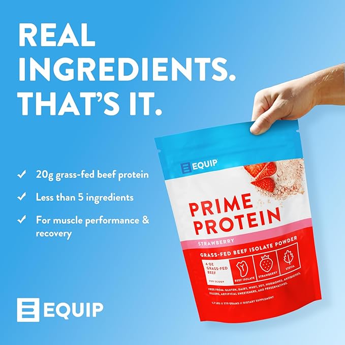 Equip Foods Prime Protein Powder | Clean, Grass Fed Beef Protein Isolate | Carnivore Protein Powder | Paleo, Keto Friendly | Gluten, Dairy Free | Helps Build & Repair Tissue | 30 Servings, Strawberry