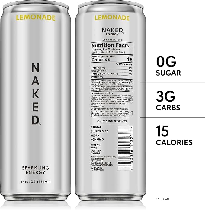 Naked Sparkling Energy Drink - Lemonade, Organic Caffeine, Organic Lemon Juice, Zero Sugar, No Sucralose, Naturally Sweetened, Natural Energy Drinks, Vegan, Gluten-Free, Non-GMO - 12oz Cans (Pack of 12)
