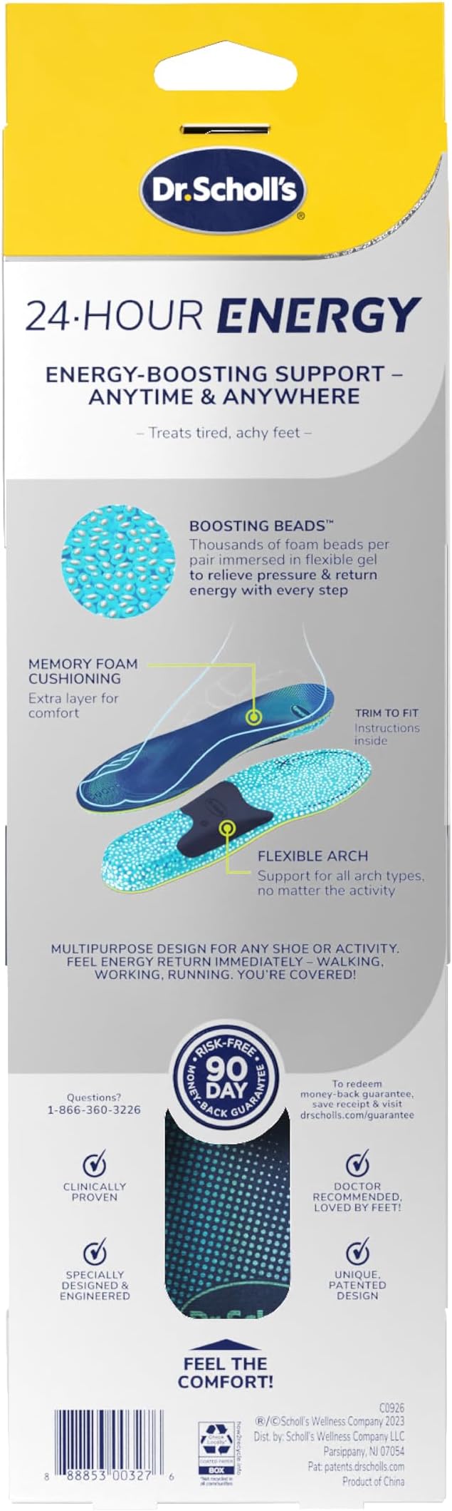 Dr. Scholl's 24-Hour Energy Multipurpose Insoles, Returns Energy with Every Step, Relieves Foot Pressure & Tired Achy Feet, Memory Foam & Gel Insert, Men's Shoe Size 8-14, 1 Pair