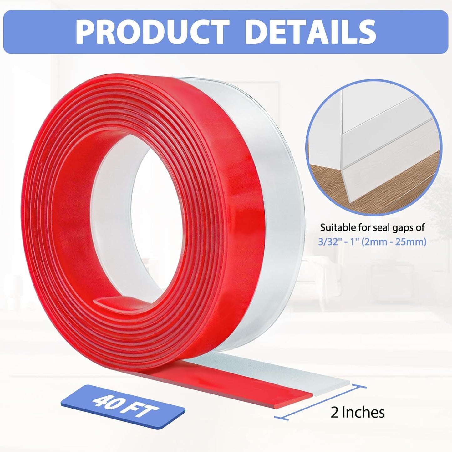 Weather Stripping Door Draft Stopper Flexible Self Adhesive Silicone Door Seal Strip for Glass Doors Windows and Shower Glass Gaps, 2 Inch Wide X 40 Feet Long, Clear