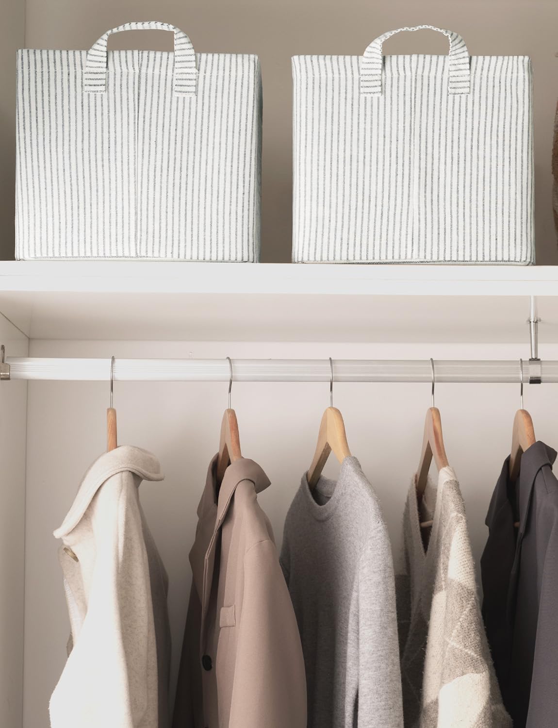 StorageWorks Storage Bins, Fabric Storage Bins for Shelves, Large Storage Baskets with Metal Frame, Closet Baskets and Bins with Handles, Khaki and Beige Stripes, 2-Pack