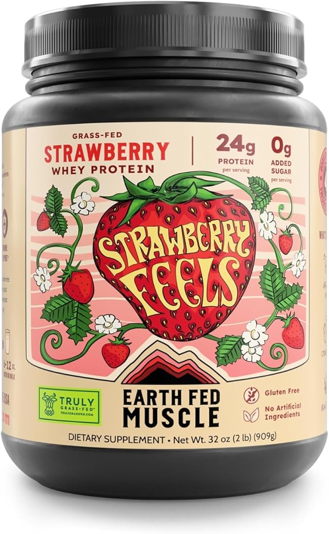 Earth Fed Muscle Strawberry Feels (Forever) – Irish Truly Grass‑Fed Whey Protein Isolate, No Sugar, Soy‑Free, Gluten‑Free (2 lb, 29 Servings, Strawberry)