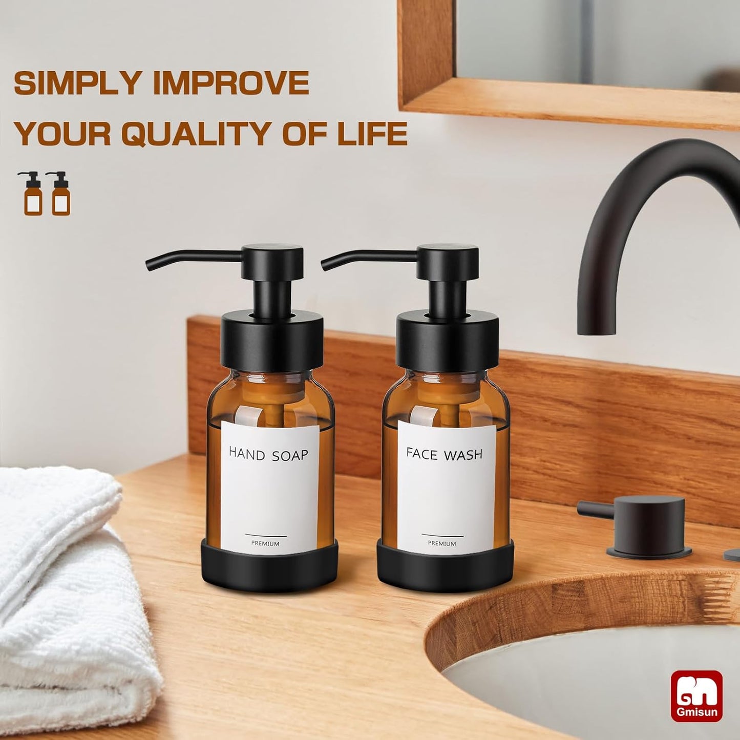 GMISUN Amber Foam Soap Dispenser, 8.5 Fl oz Amber Glass Foaming Hand Soap Dispenser for Bathroom & Kitchen, 2 Pcs Modern Refillable Foaming Soap Dispensers, Foam Pump Bottle with Label & Silicone Boot