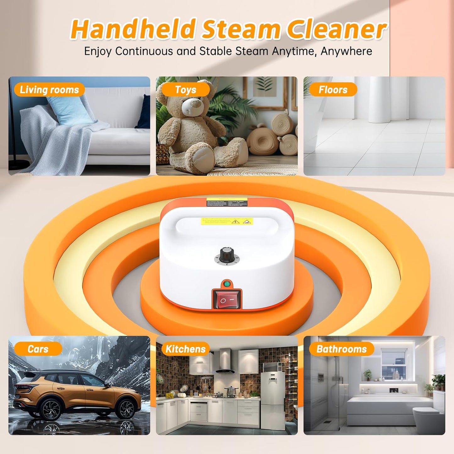 4.5BAR Handheld Steam Cleaner, 2500W Portable Steam Cleaner for Home for Car Kitchen Furniture Floors Cleaning, Tankless Design, 6-Speed Pressurized Steam Machine with 3 Brush Heads, Orange