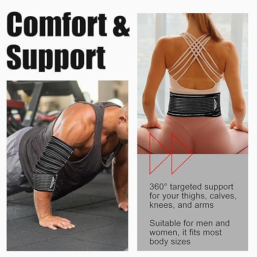 supregear 2 Pcs Hamstring and Thigh Compression Wraps, Adjustable Thigh Brace for Muscle Sprain, Quadricep Support Sleeve for Men and Women, Elastic Bandages for Knee Calf Arm Leg, 200 cm/79 in, Black