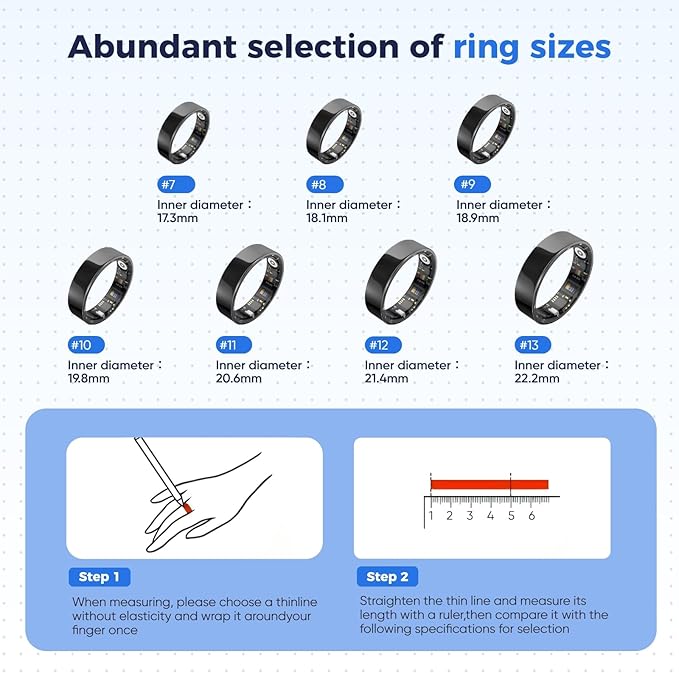 Smart Ring with Sleep Apnea Monitoring, No APP Subscription, 10-Day Battery Life, Stress/Heart Rate/Women's Health Tracker, Android & iOS Compatible (Black, 8)