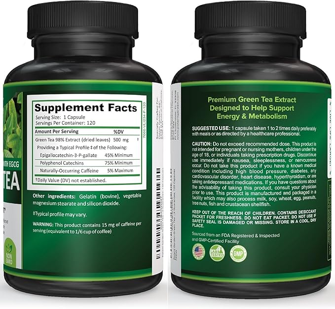 Potent Garden Green Tea Extract with EGCG Natural Energy, Mental Focus, Immune Support, Antioxidant and Healthy Heart Formula, Non-GMO 120 Green Tea Extract Capsules