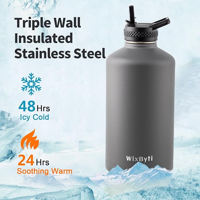 One Gallon Water Bottle Insulated, Triple Wall Vacuum Cold for 48 Hrs & Leak-proof & Non-BPA, 128oz Large Sports Stainless Steel Water Jug with Paracord Handle Straw Spout Lids & DIY Stickers