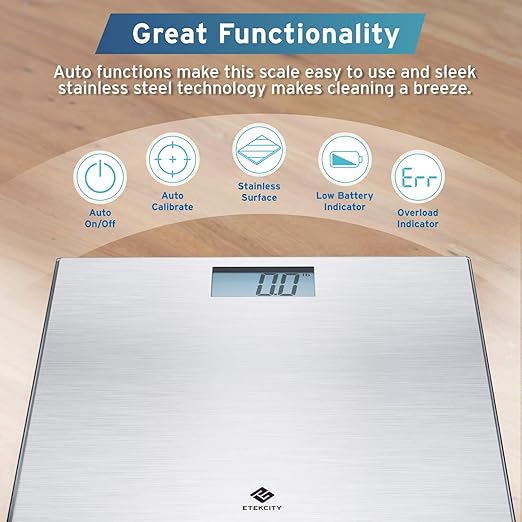 Etekcity Stainless Steel Digital Body Weight Bathroom Scale Step-On Technology Large Blue LCD Backlight Display, 400 Pounds , Grey, 12x12 Inch (Pack of 1)