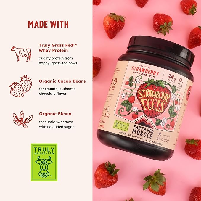 Earth Fed Muscle Strawberry Feels (Forever) – Irish Truly Grass‑Fed Whey Protein Isolate, No Sugar, Soy‑Free, Gluten‑Free (2 lb, 29 Servings, Strawberry)