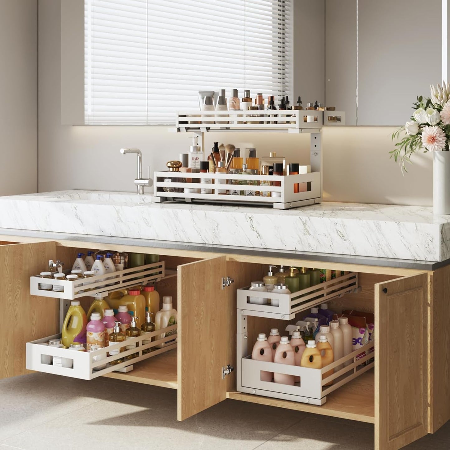 2-Pack 19"Deep Under Sink Organizer And Storage, 2-Tier L-Shaped Pull Out Cabinet Organizer with Upgraded Slide Rails, Height Adjustable Drawers for Kitchen&Bathroom, Extra-Large Storage Shelves–White