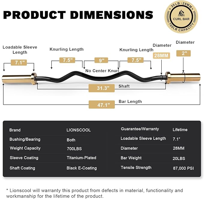 LIONSCOOL Premium 4ft/4.9ft/6ft Barbell for Strength Training and Olympic Weightlifting, 2 Inch Bar for Squats, Curls, Deadlifts, Presses, Hip Thrusts, 350lbs/500lbs/700lbs Weight Capacity