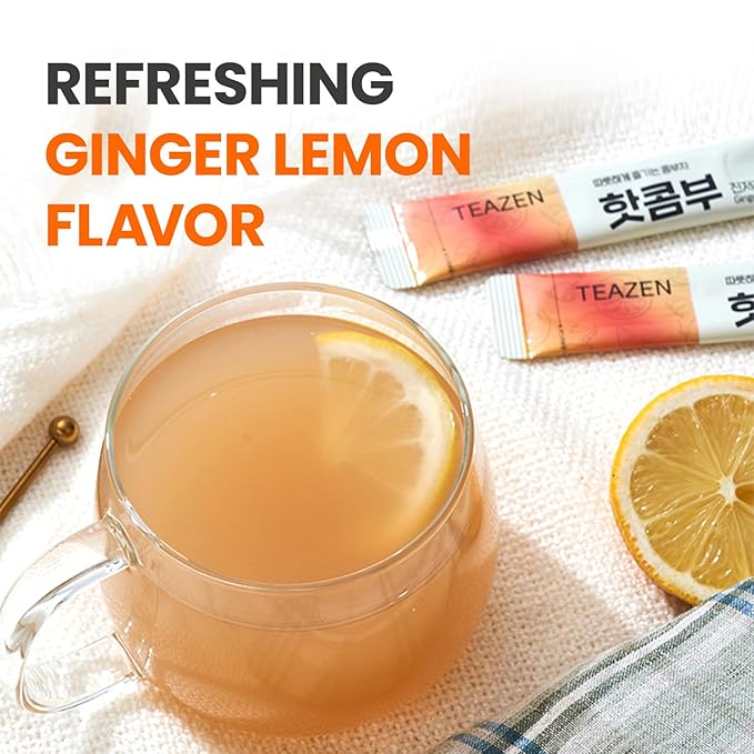 TEAZEN Lemon Ginger Hot Kombucha Tea, Live Probiotics & Postbiotics, Relaxation and Warmth for Colds and Sore Throat, Hydration Drink Mix, Sugar Free, 30 Sticks, 5.29oz