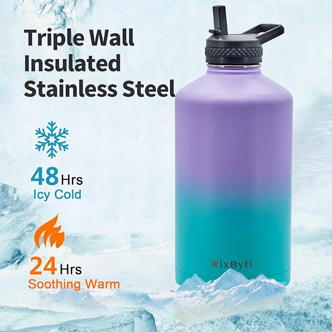One Gallon Water Bottle Insulated, Triple Wall Vacuum Cold for 48 Hrs & Leak-proof & Non-BPA, 128oz Large Sports Stainless Steel Water Jug with Paracord Handle Straw Spout Lids & DIY Stickers