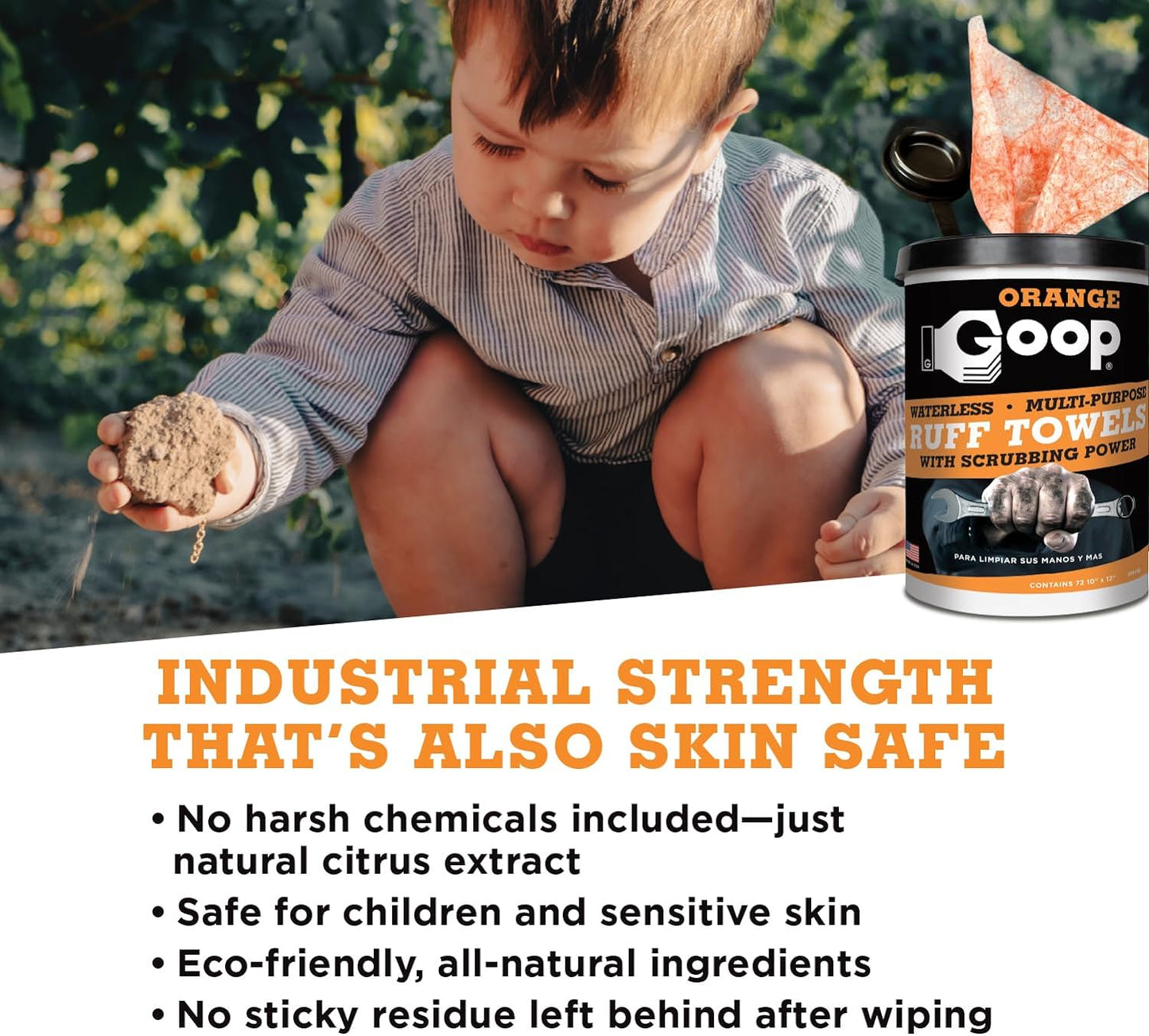 GOOP Orange Heavy Duty Ruff Towels with Scrubbing Power, 10ā x 12ā Dual Textured Multi-Purpose Cleaning Wipes, Removes Dirt, Grease, Oil, 72 Count