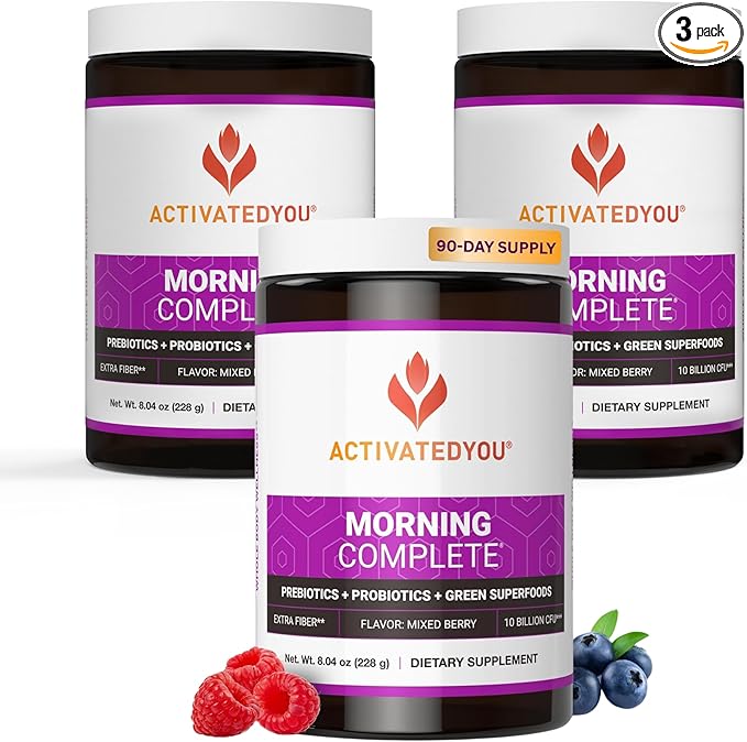 ACTIVATEDYOU Morning Complete Daily Wellness Greens Superfood Drink Mix for Gut Health w/Prebiotics, Probiotics, Antioxidants, Green Superfoods, 10 Billion CFUs (3 Pack, Mixed Berry)