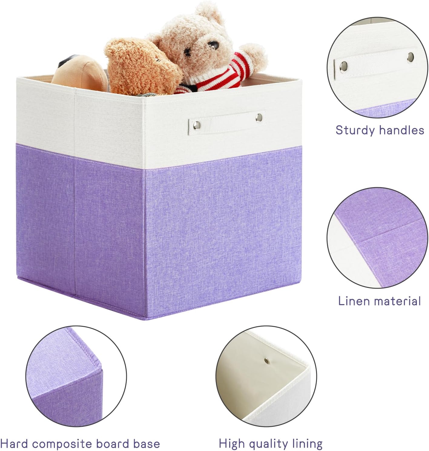 13 x 13 Inch Fine Linen Storage Bins with Handles,Fabric Cube Boxs,Collapsible Basket Organizers for Shelves for Home, Closet Drawers (White/Purple-4 Pack)
