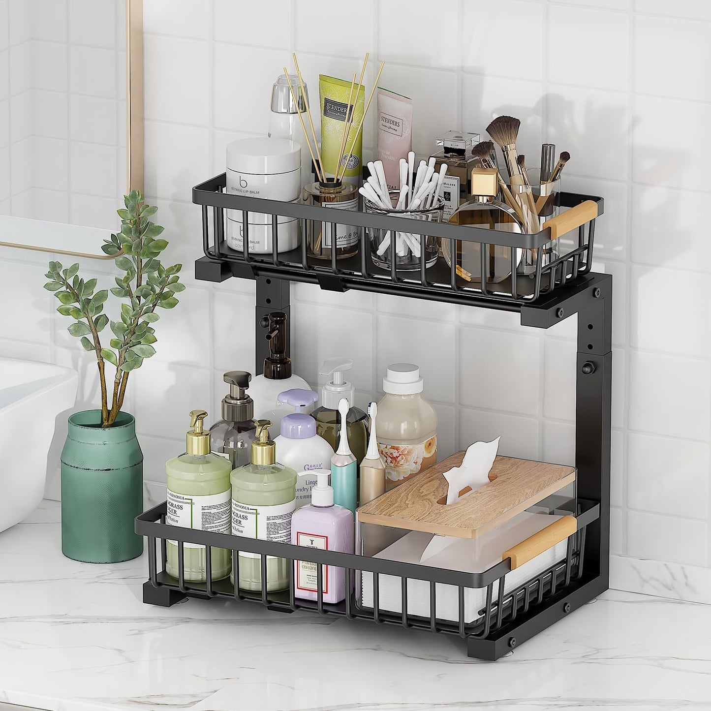 2-Tier Slide Out Under Sink Organizer – 2-Tier Pull-Out Storage Rack, Bathroom organizers and storage for Kitchen and Bathroom, Space-Saving Cabinet Organizer, Rustproof,(Black)(2 Pack)