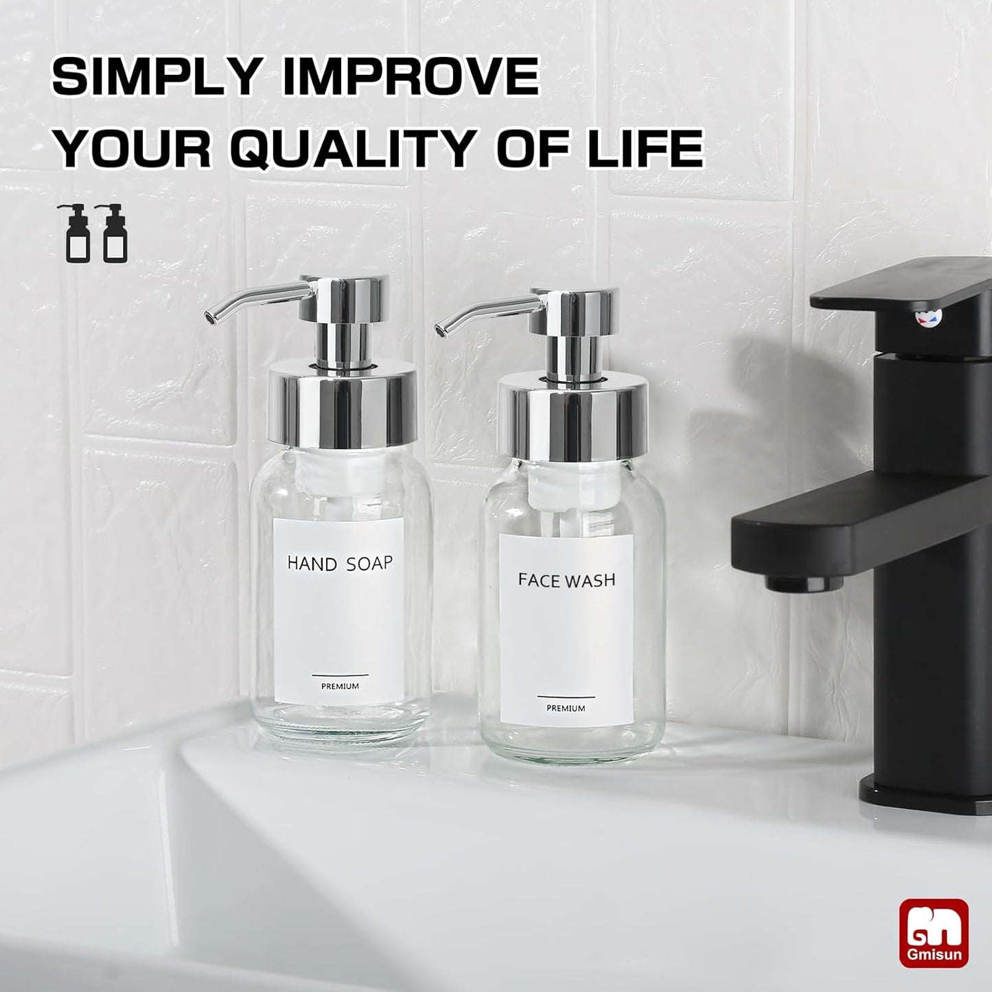 GMISUN Foaming Soap Dispenser, 2 Pcs 8.5 Fl oz Clear Glass Soap Dispenser, Modern Hand Soap Dispensers for Bathroom & Kitchen, Refillable Foam Soap Dispensers with Silver Pumps & Waterproof Labels