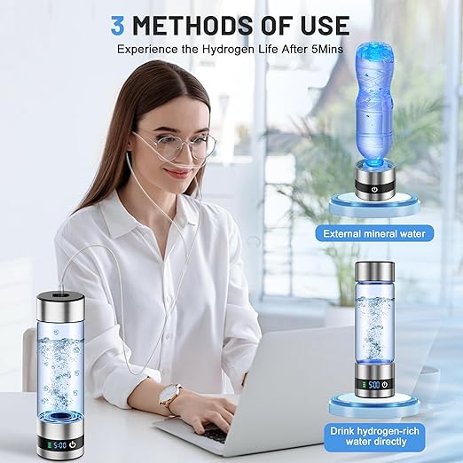 snawowo Glass Hydrogen Water Bottle Generator 16oz/460ml- 2500+PPB Concentration SPE/PEM Technology - Enhanced Vitality Improving Health |Food-grade |LED Display |Type-C Charging for Daily Use or Gift