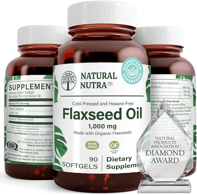 Natural Nutra Organic Flaxseed Oil Softgels, Promotes Hairs Growth, Help in Weight Loss, Helps Boost Immune System, Promotes Healthy Nervous System & Hair Growth, Omega 3 6 9, 1000 mg, 90 Softgels