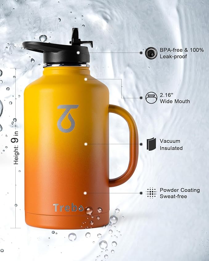 Trebo Half Gallon Water Bottle Insulated with Handle, 64 oz Double Wall Stainless Steel Metal Large Jug, Travel Flask with Straw Spout Lid, Mug Tumbler Cup with Carry Pouch, Keep Cold Hot, Orange