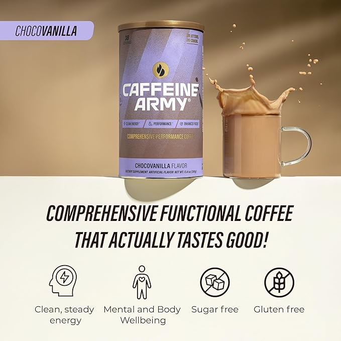 CAFFEINE ARMY ChocoVanilla | Comprehensive Functional Coffee with MCTs, CoQ10, Collagen and Adaptogens: Clean Energy + Supports Daily Attention, No Jitters or Crash (13.4 oz 38 Servings)