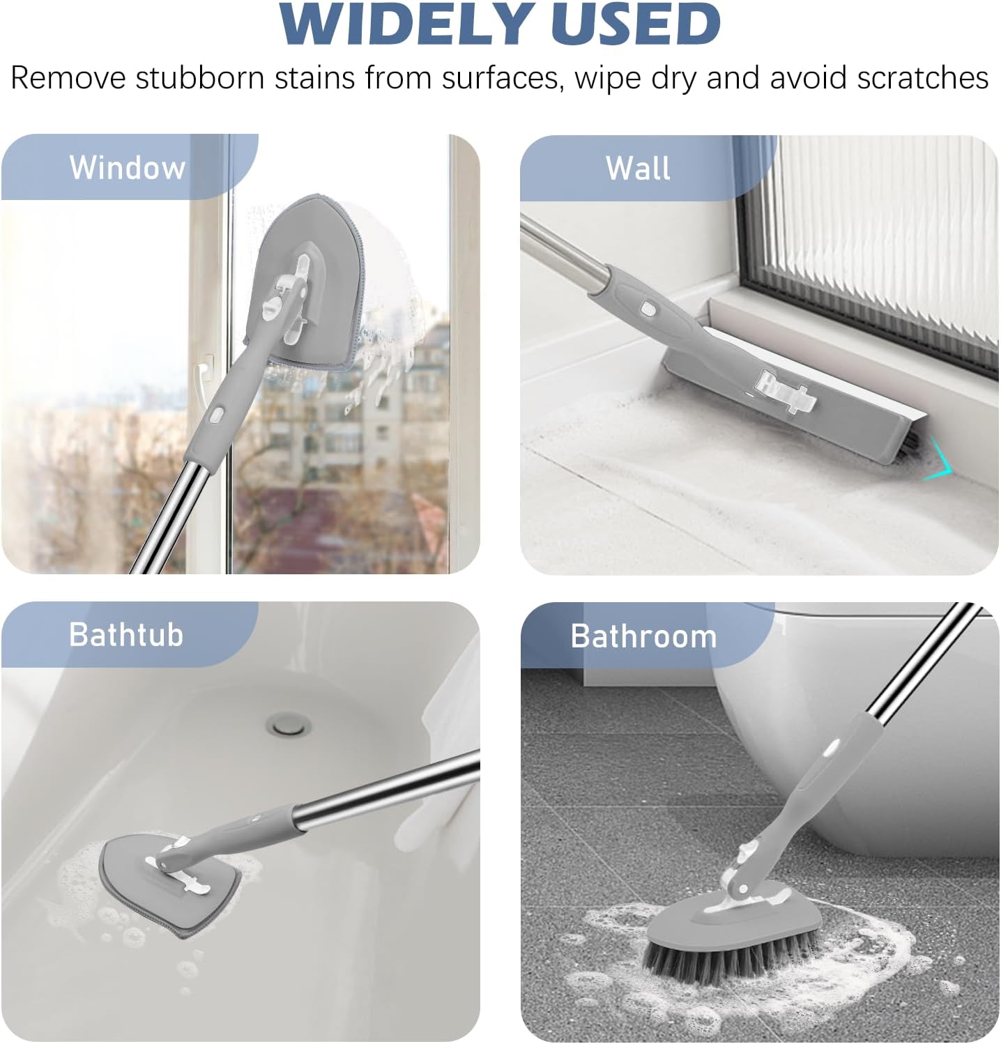 SetSail 4-in-1 Tile Tub Floor Scrubber with 52-inch Long Adjustable Handle Shower Cleaner Brush with V-Shaped Grout Brush and 3 Replacement Brush Heads for Bathroom Kitchen Sink Walls Tub Tile, Grey