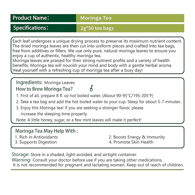 Samcci - Moringa Tea - 50 Tea Bags - Pure Moringa Leaves, Herbal Tea for Supporting Digestion & Immune System - Non-GMO - Vegan - Caffeine-Free - Natural Herbal