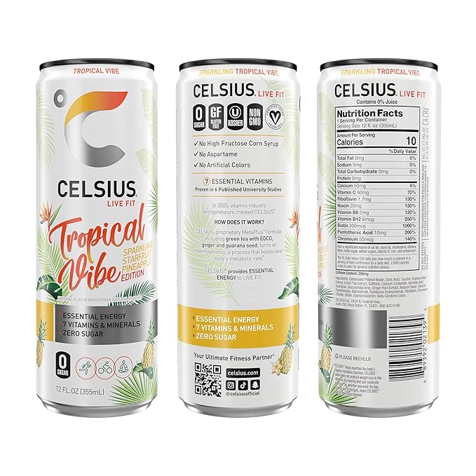 CELSIUS Sparkling Tropical Vibe, Functional Essential Energy Drink 12 Fl Oz (Pack of 12)