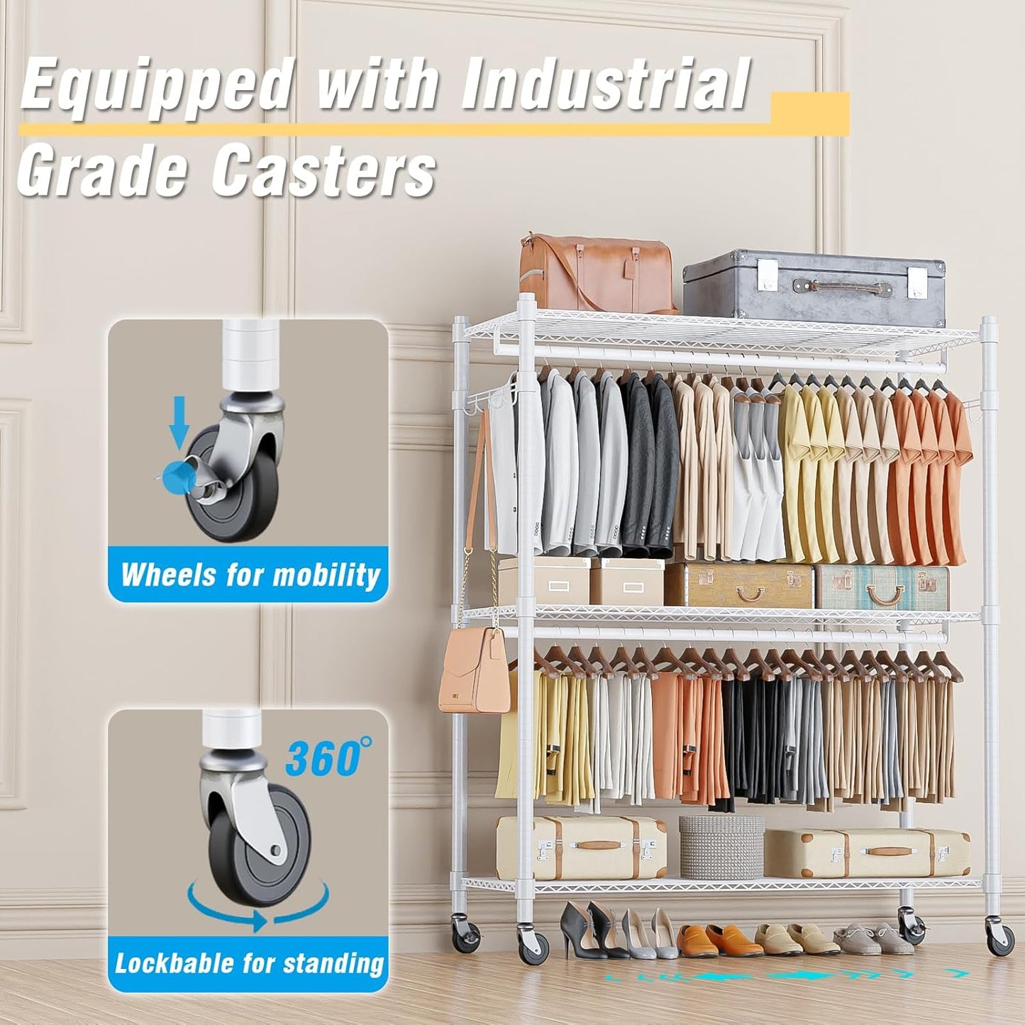 Homdox 3 Tier Garment Rack with Wheels, Portable Closets for Hanging Clothes Heavy Duty, Closet Racks and Shelving with Double Hanger Rods & Side Hooks, White